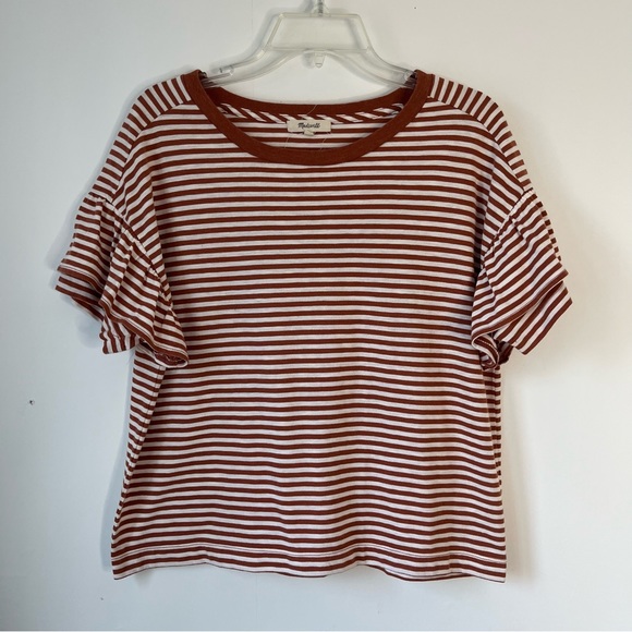 Madewell Tops - Madewell Striped Ruffle Sleeve Tee Top Cream Rust Terracotta